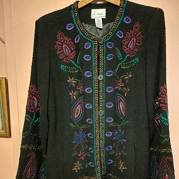 Linea Colorfully Embroidered Black Wool Long Jacket/Coat - Picture 1 of 4